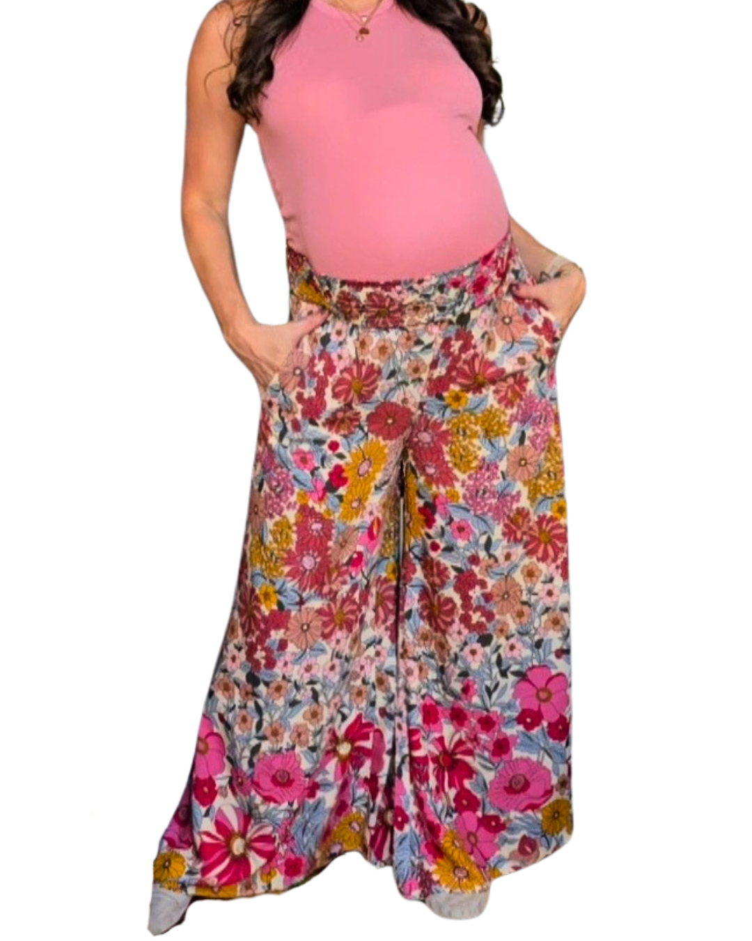 Floral Flowy Wide Leg Pants- Rose Pink