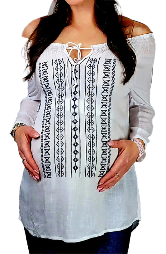 Off the Shoulder Embroidered Tunic Top