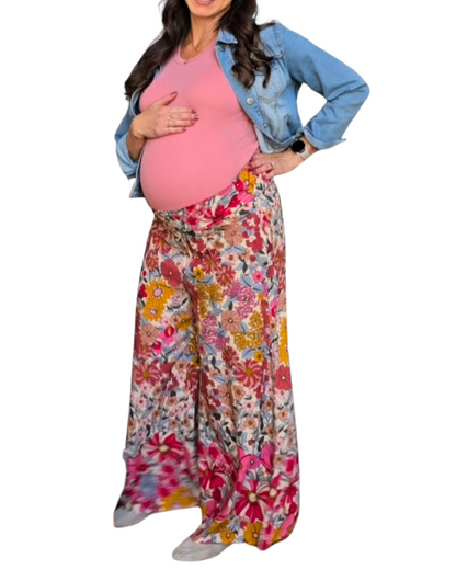 Floral Flowy Wide Leg Pants- Rose Pink