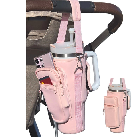 Water Bottle Cup Holder for Stanley Quencher with Stroller Handle and Shoulder Straps, Zippered Wallet & Accessory Clip