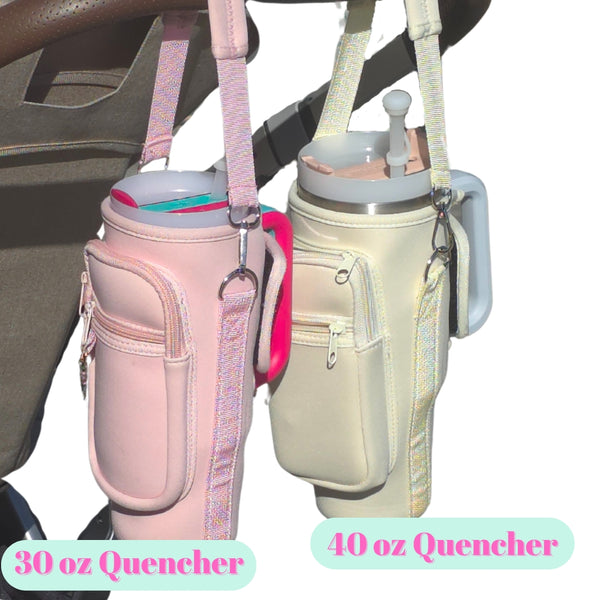 Water Bottle Cup Holder for Stanley Quencher with Stroller Handle and Shoulder Straps, Zippered Wallet & Accessory Clip