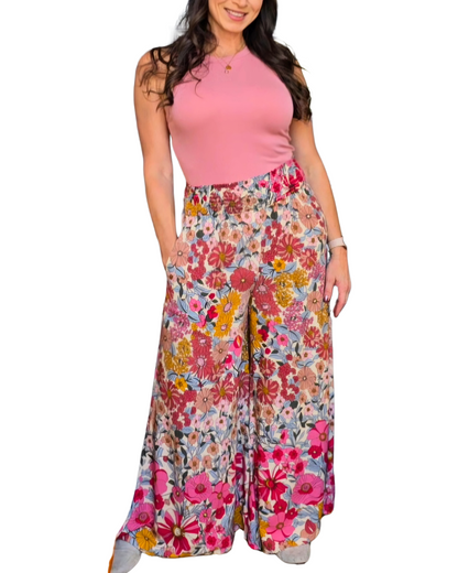 Floral Flowy Wide Leg Pants- Rose Pink