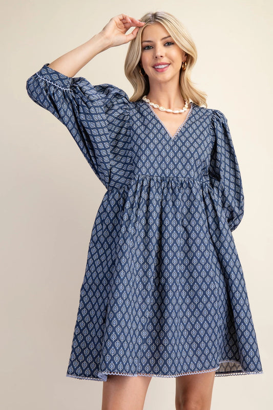 Puff Sleeve Babydoll Dress with Lace Trim- Denim Blue