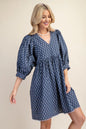 Puff Sleeve Babydoll Dress with Lace Trim- Denim Blue