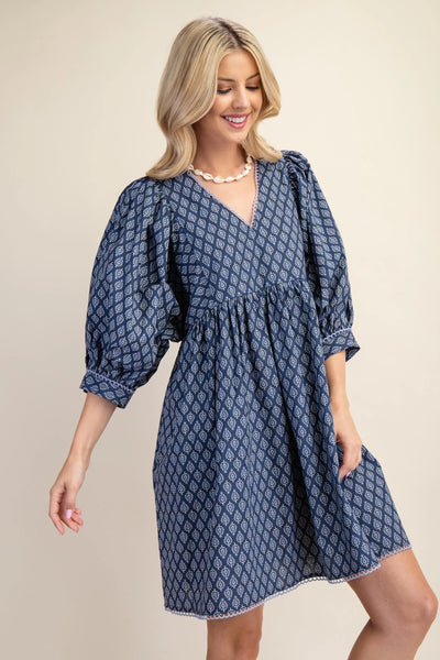 Puff Sleeve Babydoll Dress with Lace Trim- Denim Blue