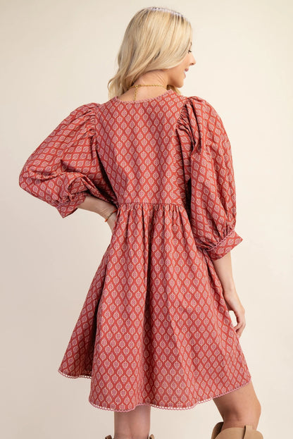 Puff Sleeve Babydoll Dress with Lace Trim- TerraCotta