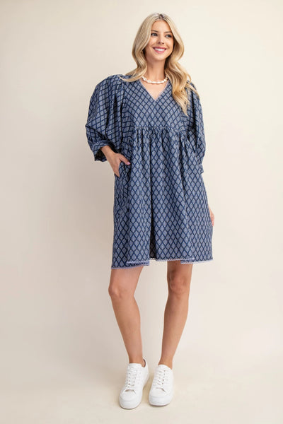 Puff Sleeve Babydoll Dress with Lace Trim- Denim Blue