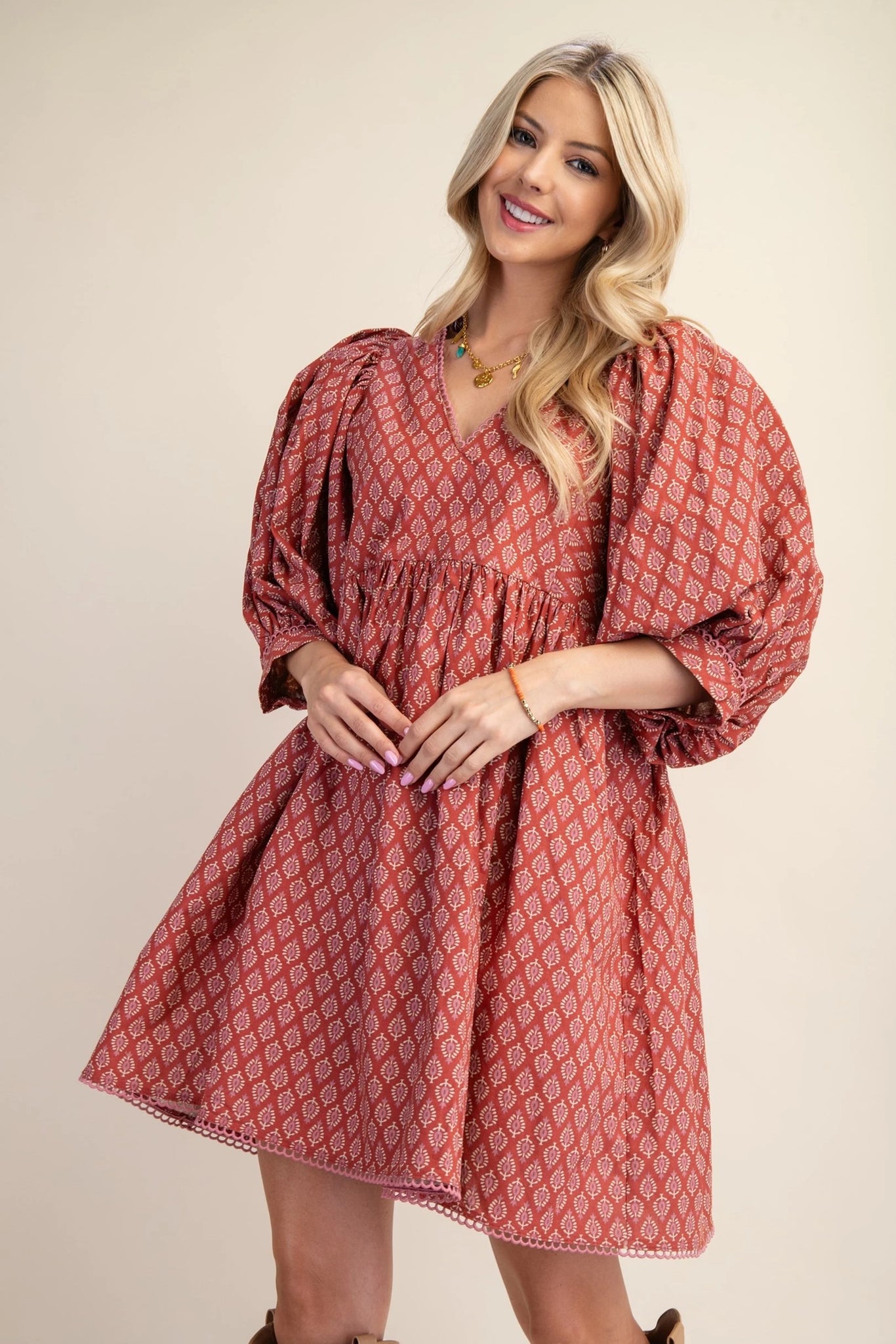 Puff Sleeve Babydoll Dress with Lace Trim- TerraCotta