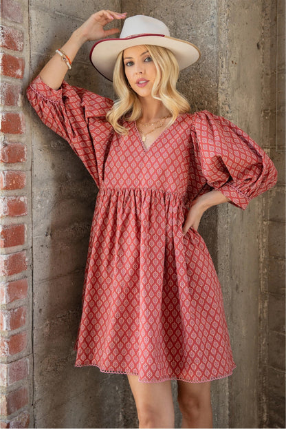 Puff Sleeve Babydoll Dress with Lace Trim- TerraCotta