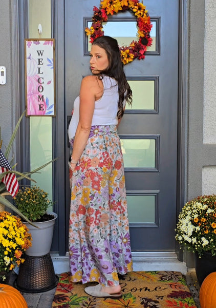 Floral Flowy Wide Leg Pants- Lavender